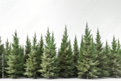 A peaceful winter scene with a row of trees covered in snow in a pristine forest on a white background is AI Generative.