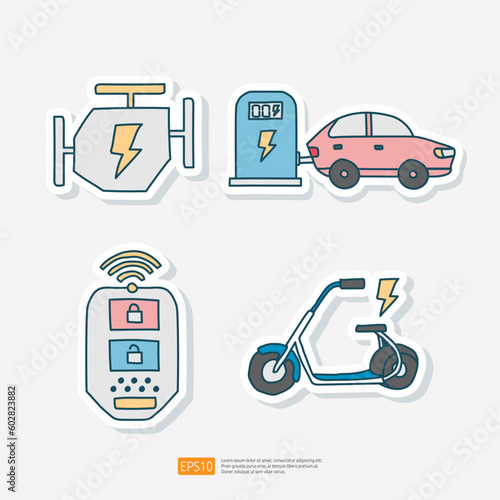 Electric Vehicle Engine, Electric Car Charging Station, Motorcycle Doodle Sticker Icon Set. Ecological Transport vector illustration