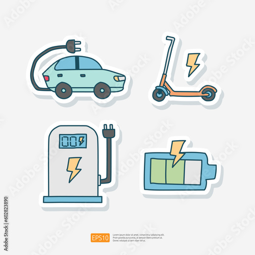 Electrical Car and Vehicle, Charging Station, Eco Battery Energy Refueling, Electrical Scooter. Doodle Sticker Icon Ecological Set Transport vector illustration