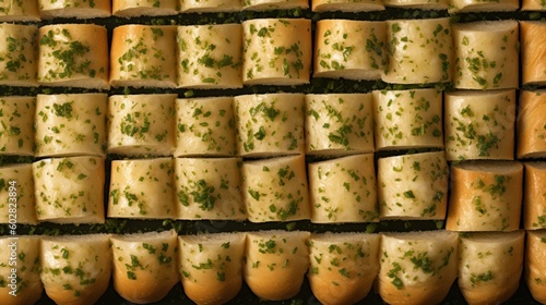 Freshly Baked Garlic Bread Photorealistic Horizontal Background. Crusty Pastry, Gourmet Bakery. Ai Generated Hyperrealistic Background with Aromatic Traditional Garlic Bread . Generative AI