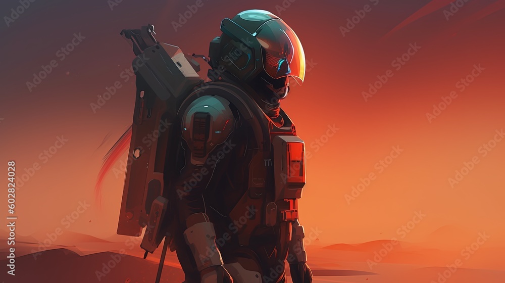 A futuristic soldier with a jetpack. Fantasy concept , Illustration painting. Generative AI A futuristic soldier with a jetpack. Fantasy concept , Illustration painting. Generative AI