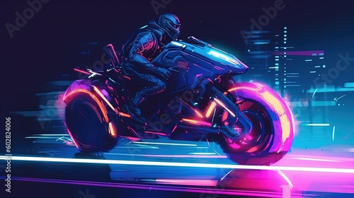 A futuristic motorcycle with a neon trail. Fantasy concept , Illustration painting. Generative AI
