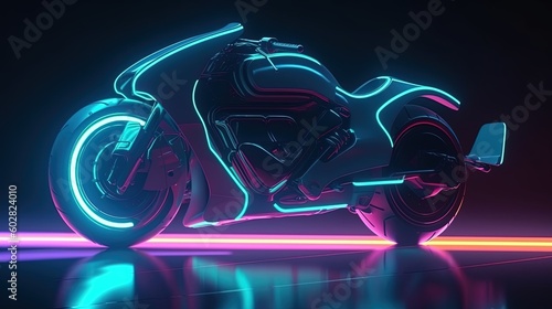 A futuristic motorcycle with a neon trail. Fantasy concept , Illustration painting. Generative AI photo