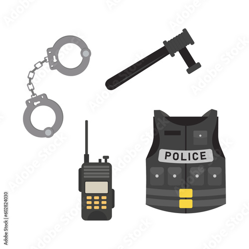 Police professional equipments vector handcuffs radio bulletproof vest