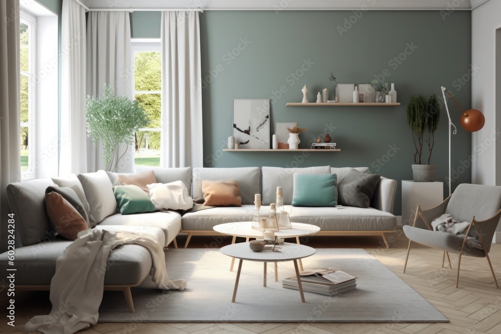 Step into the world of contemporary interior design with this captivating background featuring a Scandinavian living room. Generative AI
