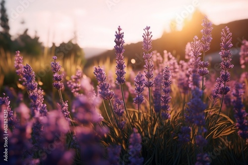 A picturesque lavender field basking in the warm glow of sunshine. The vibrant purple hues  combined with the radiant sunlight  create a captivating and serene scene. Generative AI.