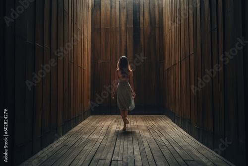  A lone woman in a cinematic setting  set against a dark wooden texture. The contrasting elements create an atmosphere of intrigue and captivation. Generative AI.