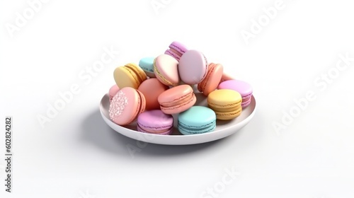 016_A plate of assorted macarons with pastel colors and flavors, on a white background, Generative AI