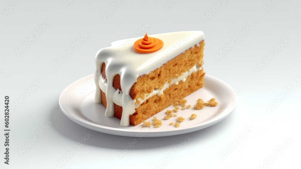 034_A slice of carrot cake with a moist sponge and a cream cheese frosting, on a white background, Generative AI 034_A slice of carrot cake with a moist sponge and a cream cheese frosting, on a white background, Generative AI