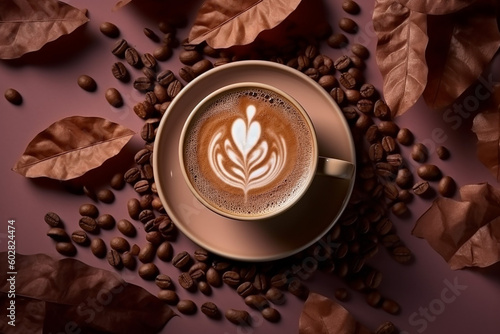 Top View of a Cup of Hot Coffee with Art Leaves Foam and Coffee Beans