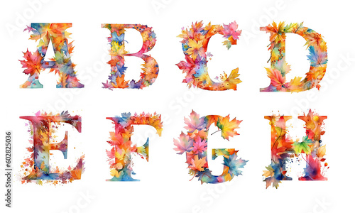 Cute letters with colorful autumn maple leaves  on a white background. Alphabet watercolor.. Сapital letters of the English alphabet: a, b, c, d, e, f, g, h. AI generated photo