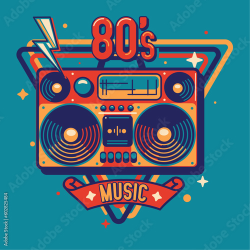 80s music - colorful emblem music design with boom box tape recorder