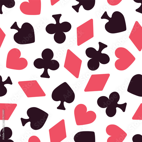 Red and Black Playing Card Suits Scatter Seamless Vector Repeat Pattern