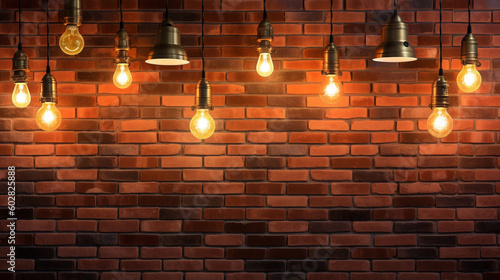 Vintage Light Bulbs on Brick Wall Background. Restaurant wall background, Generative Ai
