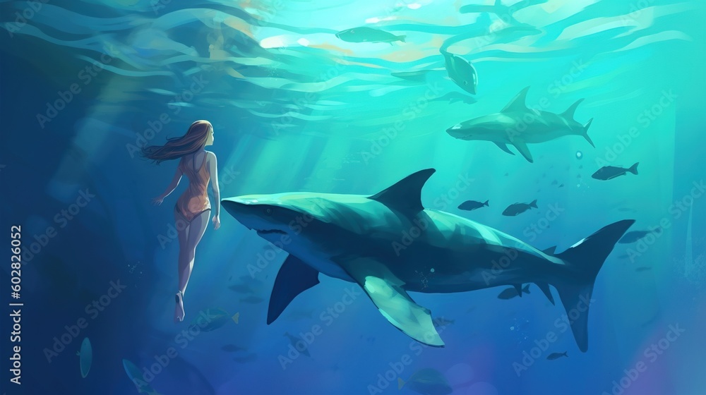 A graceful mermaid and a powerful shark swimming side by side in a shimmering ocean. Fantasy concept , Illustration painting. Generative AI