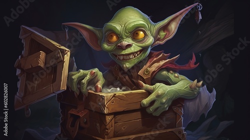 A goblin holding a treasure chest. Fantasy concept , Illustration painting. Generative AI