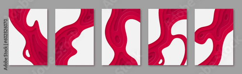 Abstract paper cut geometric topography relief templates set. Red bloody liquid texture gradient. Papercut decoration background, pattern with wavy layers vector illustration