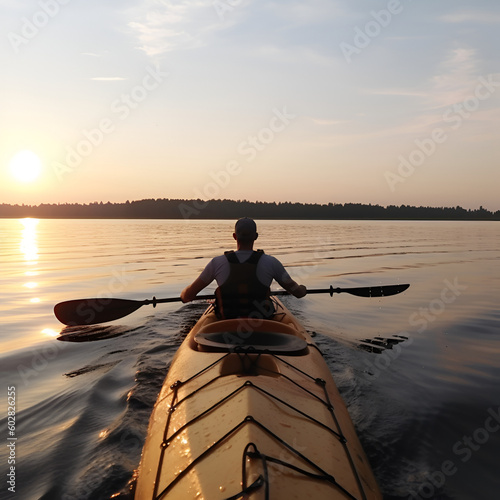 A rear view shot captures a young man kayaking on the lake. AI generative image.