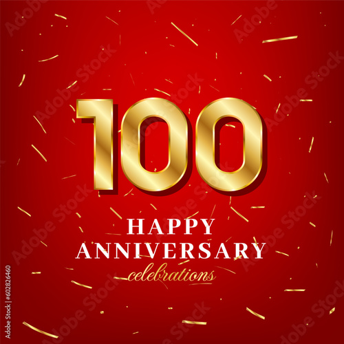 100th anniversary vector template with a golden number and golden confetti spread on a red background