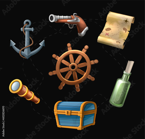 Vector cartoon style game icons set  illustration. Pirate map, glass bottle, binocular, ship wheel, ancor, gun and treasure chest.