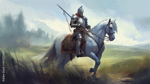 A knight in shining armor riding a horse. Fantasy concept , Illustration painting. Generative AI