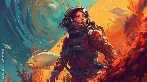 A mermaid in a spacesuit exploring a new planet. Fantasy concept , Illustration painting. Generative AI