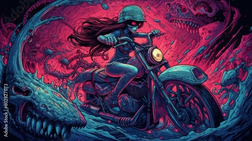 A mermaid riding a futuristic motorcycle. Fantasy concept , Illustration painting. Generative AI