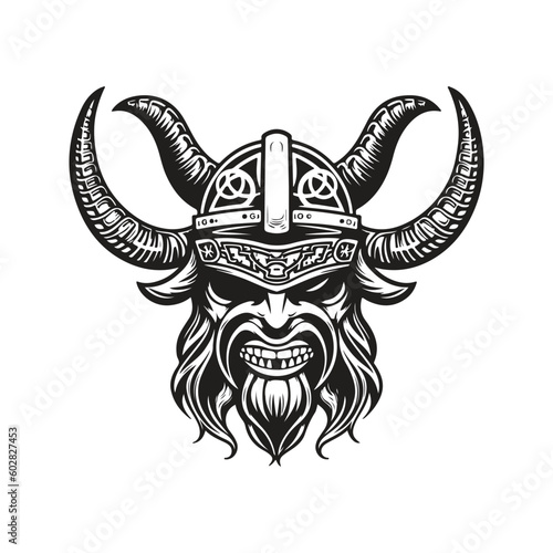 viking monster, vintage logo line art concept black and white color, hand drawn illustration