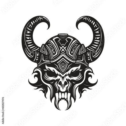 viking monster, vintage logo line art concept black and white color, hand drawn illustration