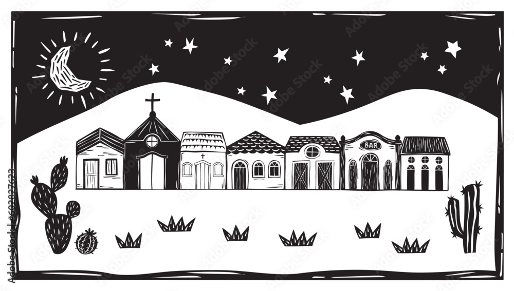Village of simple houses and small church, night with moon and stars in the interior of Brazil, woodcut vector, in the Cordel style of the Brazilian Northeast