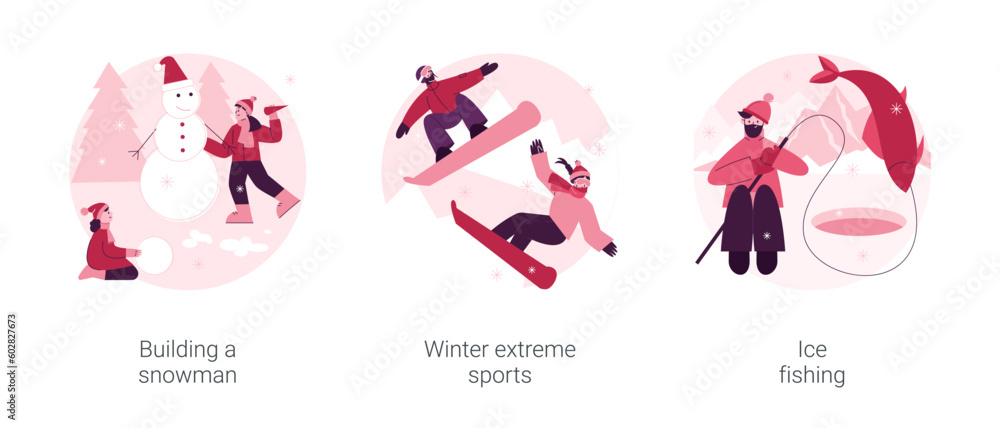 Winter outdoor activities abstract concept vector illustration set. Building a snowman, winter extreme sports, ice fishing, Christmas holiday, mountain resort, travel and hobby abstract metaphor.