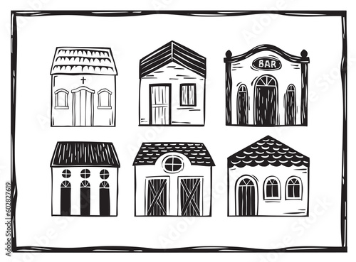 Village of simple houses and small church, night with moon and stars in the interior of Brazil, woodcut vector, in the Cordel style of the Brazilian Northeast