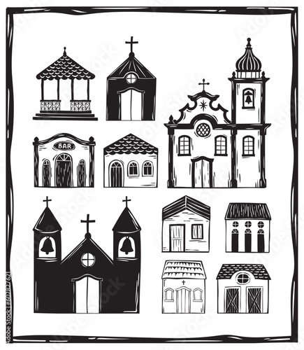 Village of simple houses and small church, night with moon and stars in the interior of Brazil, woodcut vector, in the Cordel style of the Brazilian Northeast