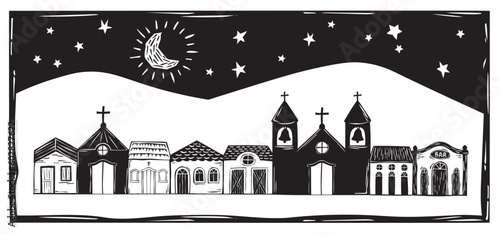 Village of simple houses and small church, night with moon and stars in the interior of Brazil, woodcut vector, in the Cordel style of the Brazilian Northeast photo