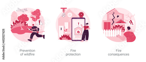 Firefighting service abstract concept vector illustration set. Prevention of wildfire, fire protection and consequences, smoke detector, save wildlife, fire alarm system abstract metaphor.