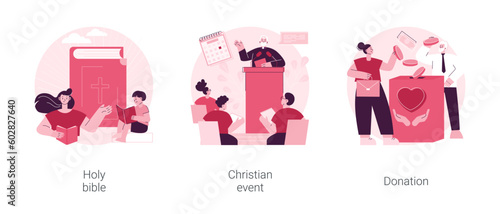 Church gathering abstract concept vector illustration set. Holy bible, christian event, donation fund, word of God, religious media, holy days calendar, sunday mass, charity abstract metaphor.