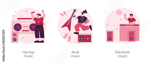 Music preference abstract concept vector illustration set. Hip-hop music, rock and electronic, night club party, outdoor festival, rave culture, DJ set, performance online abstract metaphor.