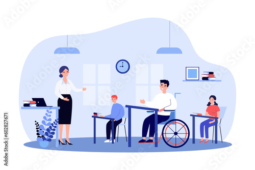 Student in wheelchair on lesson at school vector illustration. Drawing of boy with physical disability in class at university or college. Education, disability, inclusion, accessibility concept