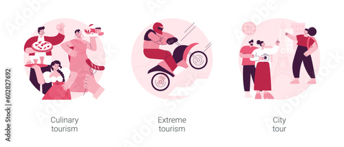 Authentic travel experience abstract concept vector illustration set. Culinary tourism, extreme sports, city tour, local cuisine, food festival, climbing mountains, sightseeing abstract metaphor.