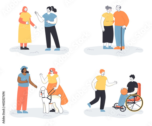 Conversations between different people vector illustrations set. People with physical disabilities, persons of different religions, races, ages. Inclusion, diversity, community, communication concept