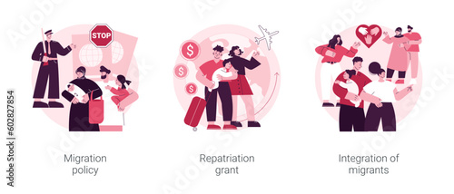Peoples resettling abstract concept vector illustration set. Migration policy, repatriation grant, integration of migrants, visa application form, border patrols control, job offer abstract metaphor.