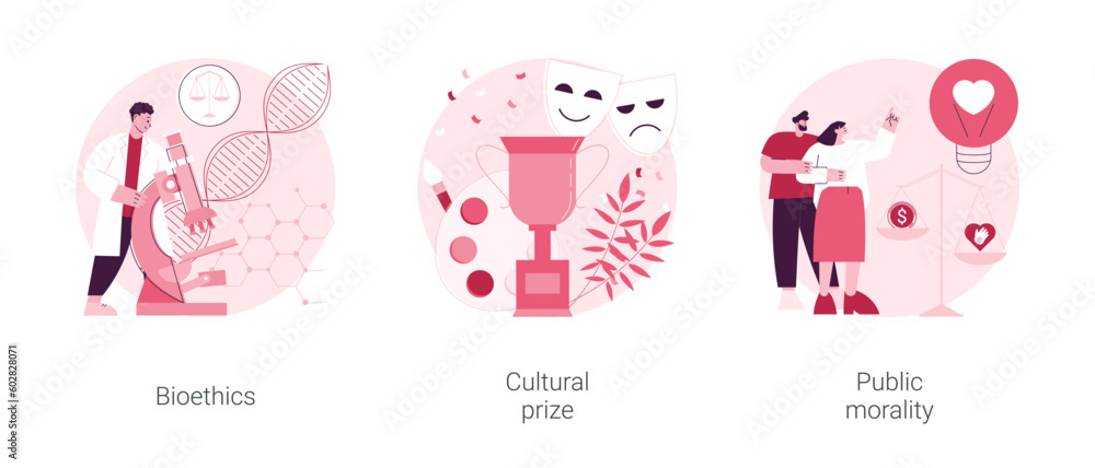 Obraz premium Culture and ethics abstract concept vector illustration set. Bioethics and genetic biotechnology, cultural prize, public morality and ethical standards, nobel laureate, life science abstract metaphor.