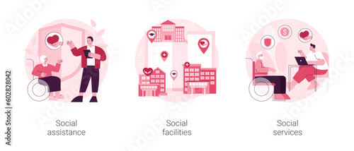 Social work abstract concept vector illustration set. Social assistance and facilities, public welfare service, home nursing, caregiver support, volunteer help, healthcare center abstract metaphor.