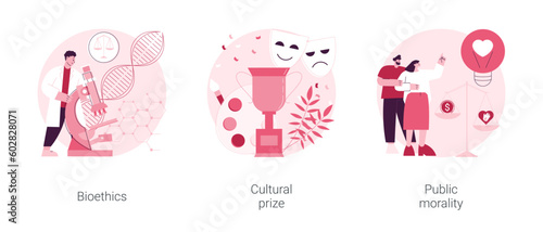 Culture and ethics abstract concept vector illustration set. Bioethics and genetic biotechnology, cultural prize, public morality and ethical standards, nobel laureate, life science abstract metaphor.