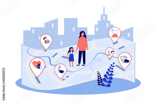 Mother and daughter on road with symbols of public services. Governmental system for citizens, medicine, education, utilities, security vector illustration. Government, protection, management concept