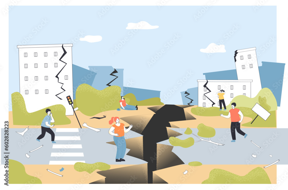 Scared people on sides of cracked road vector illustration. Cartoon drawing of men and women in city during earthquake, crack in ground, damaged buildings. Natural disaster, nature, danger concept