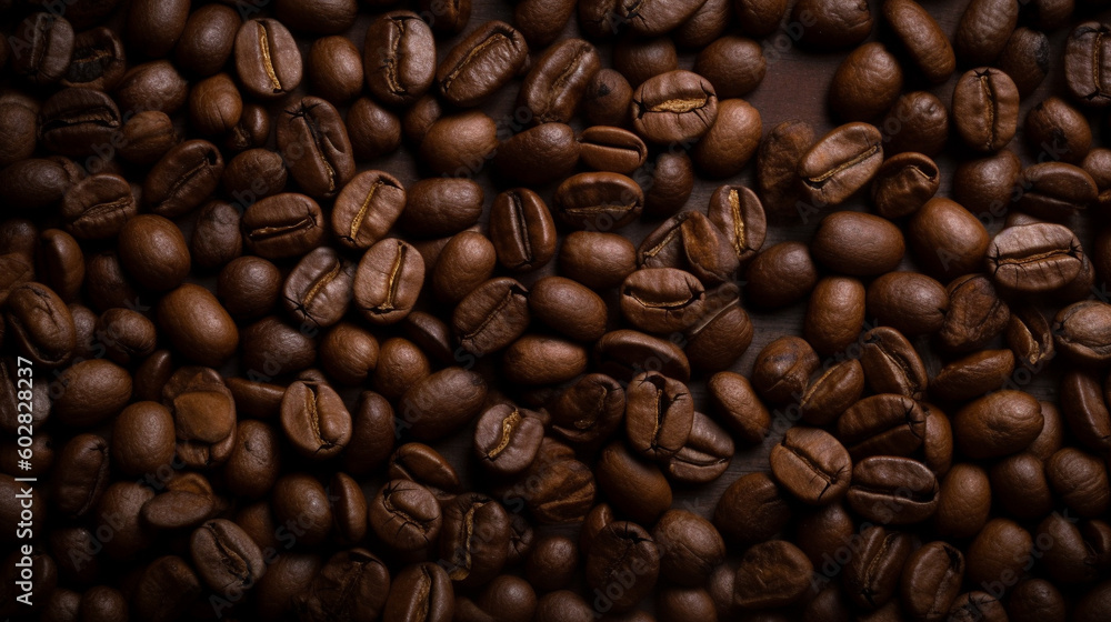 Fototapeta premium Coffee lover view of roasted coffee beans for background and texture. Dumped roasted coffee beans can be used as background and texture. Roasted coffee. Image generated by Ai.