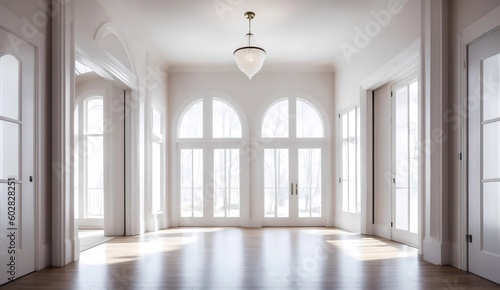 Living room symmetrical view of gray walls and windows and doors from Generative AI