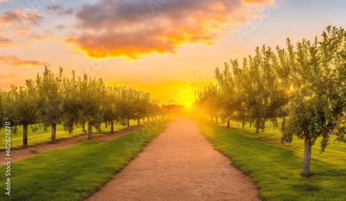Sunset in a pear farm from Generative AI