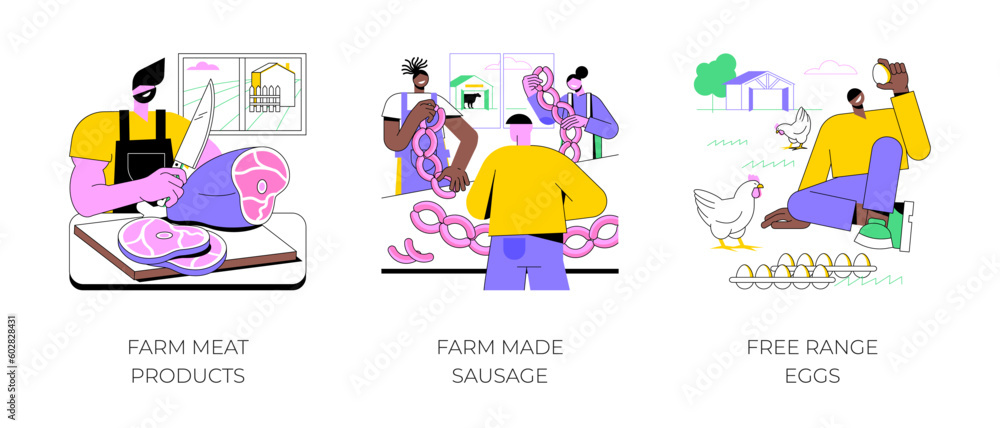 Fototapeta premium Farm products isolated cartoon vector illustrations set. Farmer cutting fresh meat, homemade sausage, free range eggs, keep chicken, secondary production, agribusiness vector cartoon.